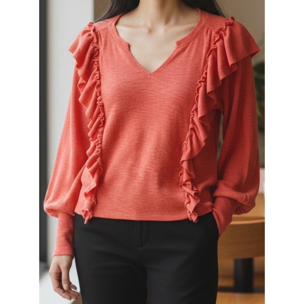 Anthropologie Pilcro Small Coral Orange Pink Ruffle V-Neck Cozy Popover Knit Top